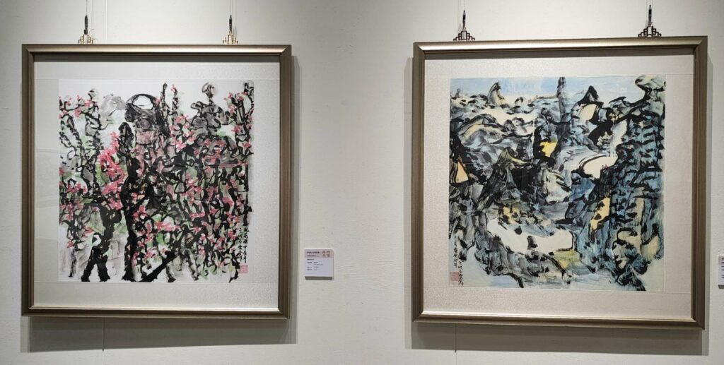▲從作品構圖中可隱約看見景物的立體浮現，筆觸建構出人與物的互動關係，讓視野更加寬廣且自在延伸。（記者 辛澎祥/攝）