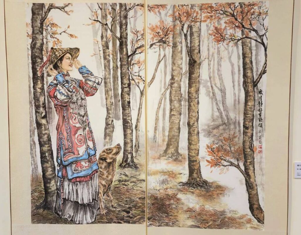 ▲翁小蘭理事長所繪的仕女畫作「歲月靜好生歡顏」，構圖人文筆觸上充滿靈性生動之美。（記者 辛澎祥/攝）