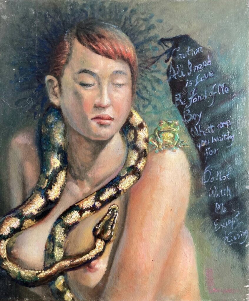 ▲陳國強老師的油畫作品，裸女與靈蛇的互動，帶來強烈的視覺效果，也強化了雙蛇對峙的突兀感，建構了聚焦畫境之美。（圖/陳國強 提供）