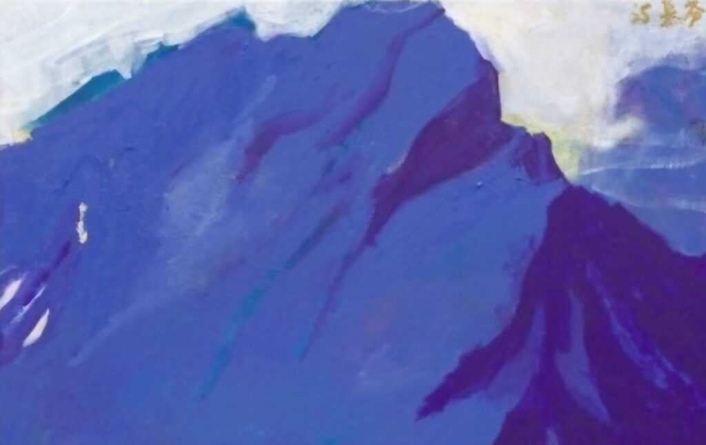 ▲賴慕芬作品「竹影映晴霞」，以深藍色為基調的台灣玉山，呈現臺灣母親般的磅礡氣勢。（圖/賴慕芬 提供）