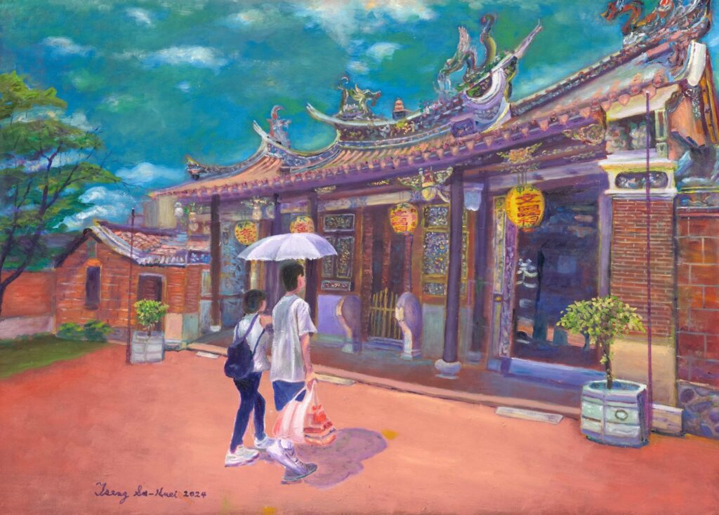 曾淑慧油畫作品〈大甲文昌祠〉充滿古今交織的韻味。（圖/文化局提供）