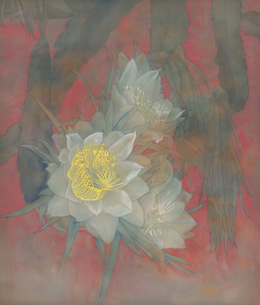 江錦雲膠彩作品〈月色〉呈現綻放的生命力。（圖/文化局提供） 
