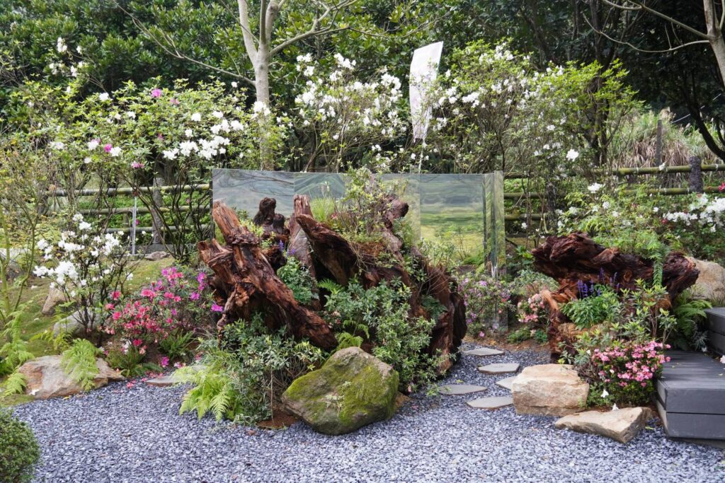 新北農業局在觀光公園打造「映山園」日式庭園造景，別有風味。（圖/農業局提供）