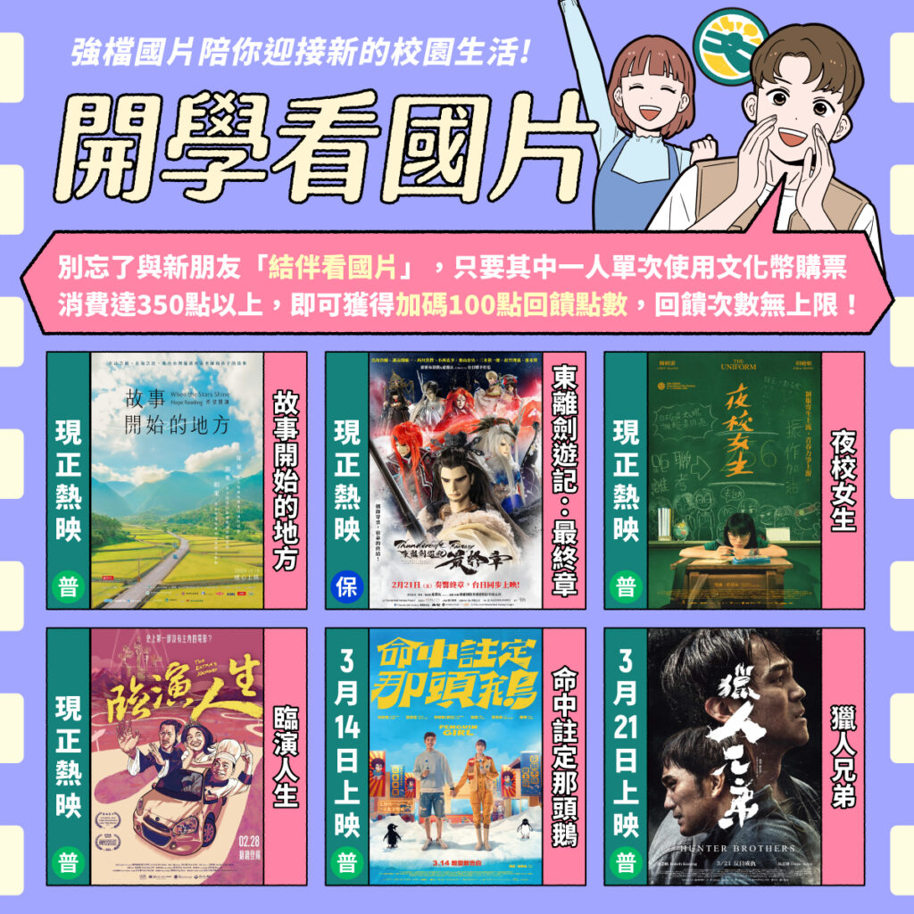 揪團進戲院看國片，青年朋友只要單次使用文化幣購票達350點以上，即可獲得加碼100點回饋，回饋次數無上限。