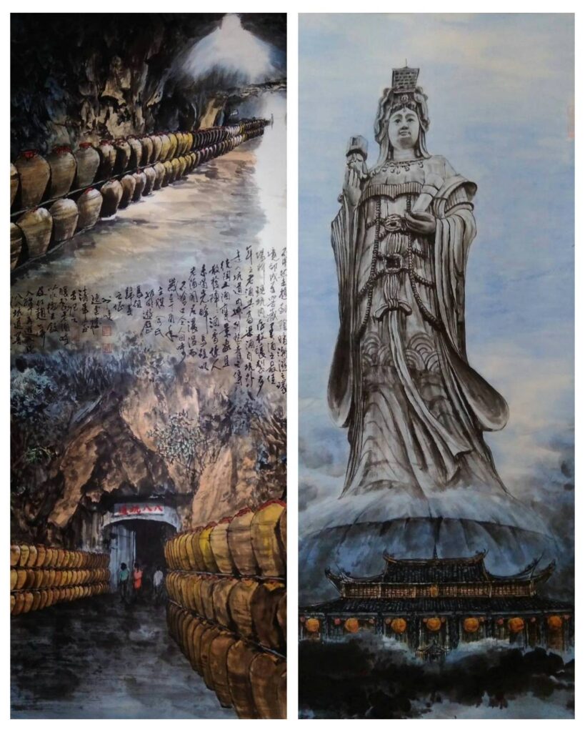 ▲水墨畫家余振明老師以馬祖八八坑道（右）及馬祖天后宮的媽祖神像的主題為創作展出，極具景觀及人文之美。（記者 辛澎祥/攝）