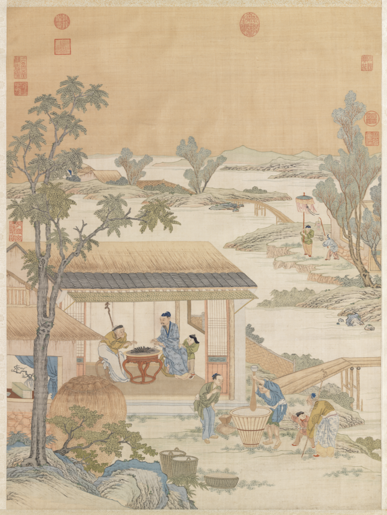 清 〈緙絲村農韶慶圖〉 軸。(圖/故宮提供)