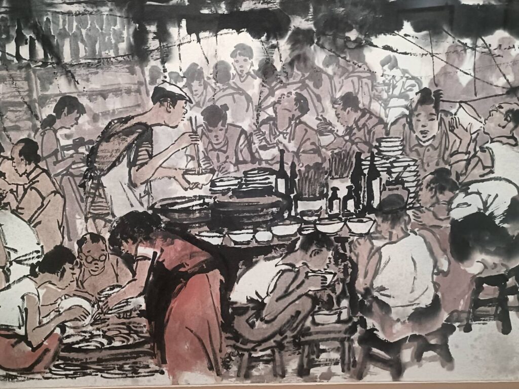 ▲李奇茂以夜市景觀畫出市井小民的生活面貌，真實且充滿雅趣。（記者 辛澎祥/攝）