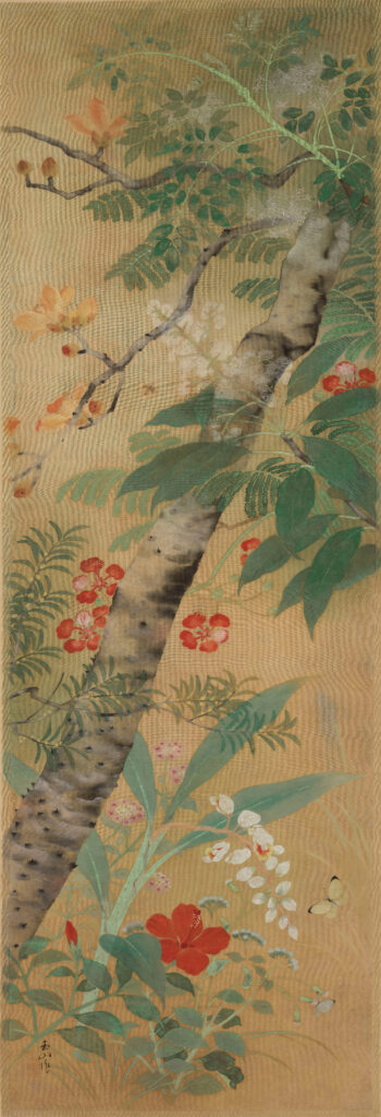 林玉山，春夏花卉，1928，膠彩，125.1x41.3公分。國立臺灣美術館典藏。