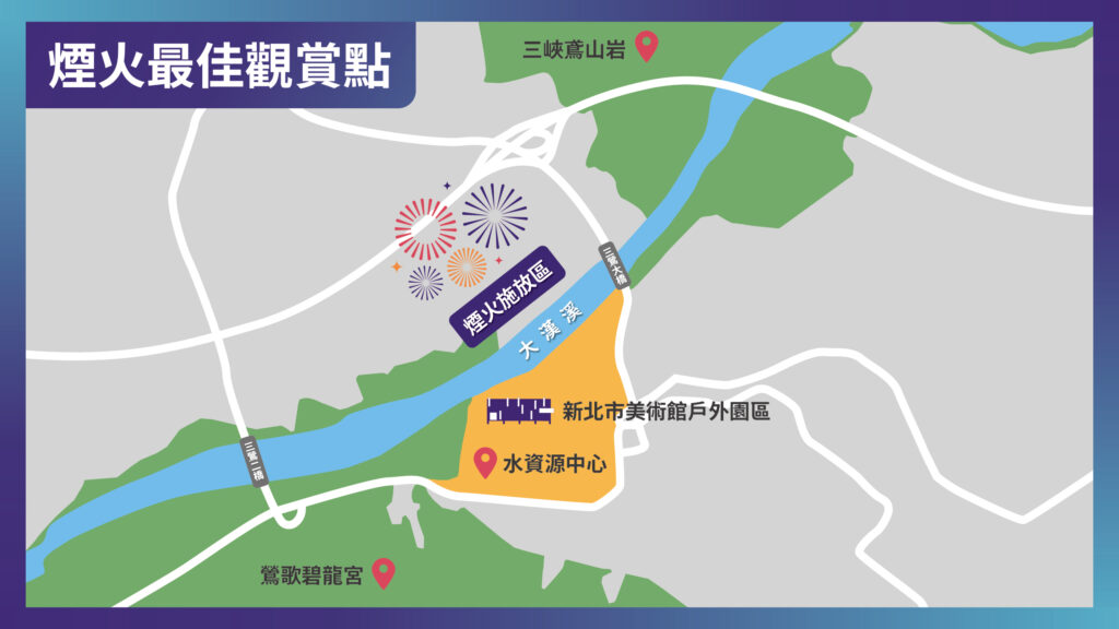 世壯運閉幕煙火觀賞點除新北市美術館戶外園區，亦可至三鶯水資源回收中心（步行進入）、鶯歌碧龍宮、三峽鳶山岩等周邊高地。（圖/新北文化局提供）