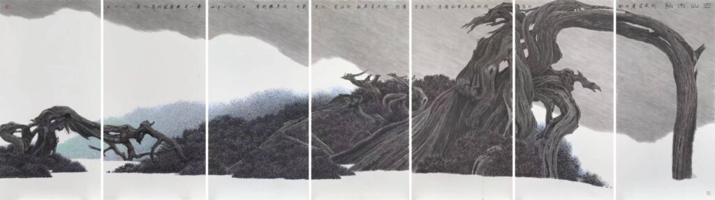 ▲黃孝逵作品「玉山古栢」,是2024年的創作,呈現出堅毅挺拔的生態原貌,象徵著臺灣人民無畏的精神。(圖/黃孝逵 提供)