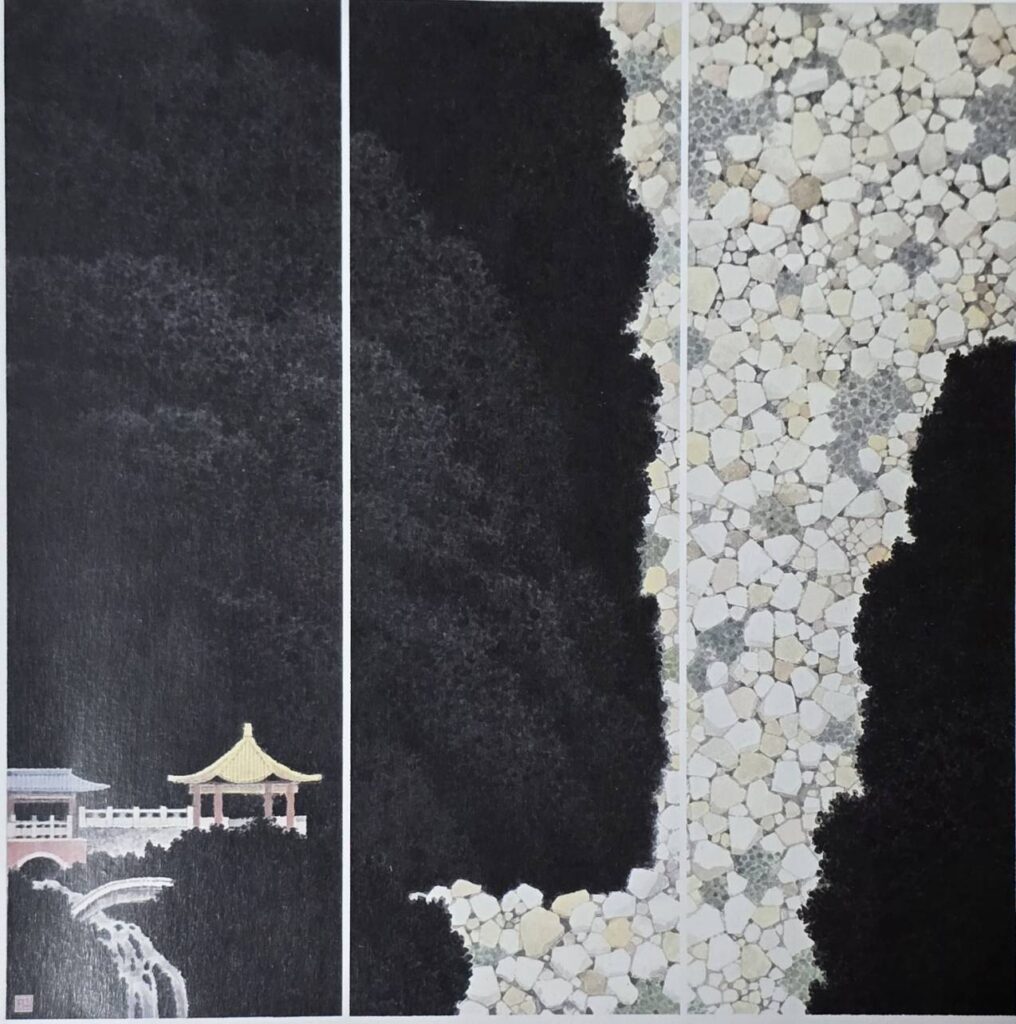 ▲黃孝逵作品「太魯閣」，這是他幾年前到了花蓮太魯閣，見到幾處有類似石流的景象，或許是地震遺跡，此作品特寫了石流景象，將它作為太魯閣的地理特徵。（記者 辛澎祥/攝）