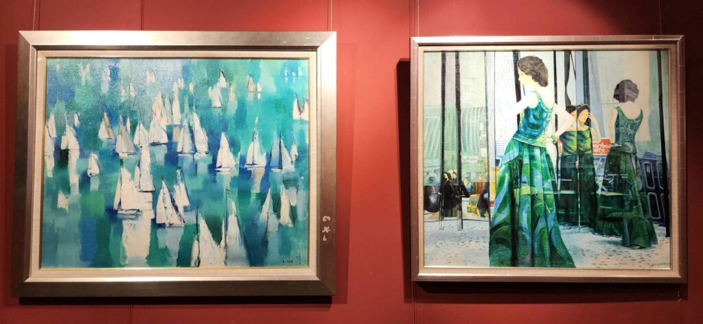 ▲吳炫三展出的油畫作品「帆船」（左）與「少女」。（記者 詹佳綺/攝）