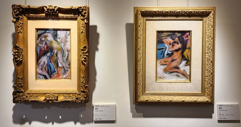 ▲張萬傳的裸女系列作品，展現自由不羈的筆觸，讓作品的開放性與延伸視覺的特質，彰顯可見。（記者 辛澎祥/攝）