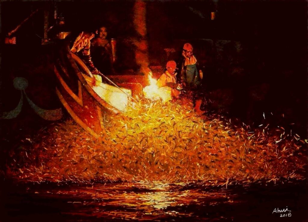 ▲呂瓊慧的代表作作品「智豐創收:臺灣金山礦火捕魚」,以強烈的光影對比重現蹦火仔捕魚的波瀾壯闊景象,令人視野大開。(圖/呂安恬 提供)