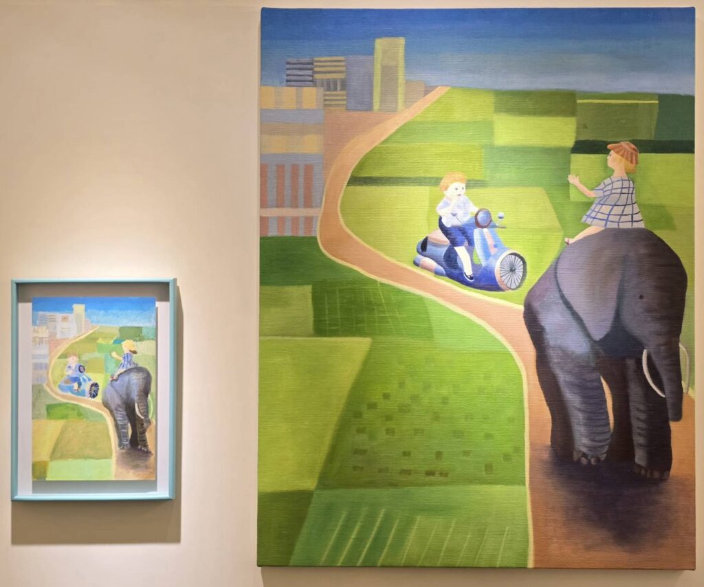 ▲「岐路上的邀請」作品是Cindy 在面對城市化席捲而來之際,選擇在田野與大象為伍,共同守護著自然的呼吸與土地的記憶。(記者 詹佳綺/攝)