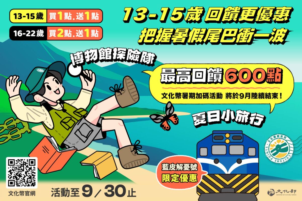 文化幣暑期加碼活動最後倒數  13-15歲回饋更優惠
