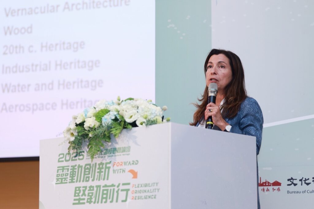 ▲國際文化紀念物與歷史場所委員會主席Teresa Patrício帶來論壇首場專題演講。（記者 辛澎祥/攝）