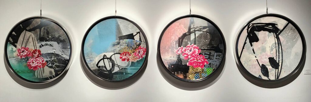 ▲敘事怡情，動見真心，郭博州教授展出作品在東方美學的精髓中，融合西方油彩筆觸的隨興快意，構圖交心，十分聚焦。（記者 詹佳綺/攝）