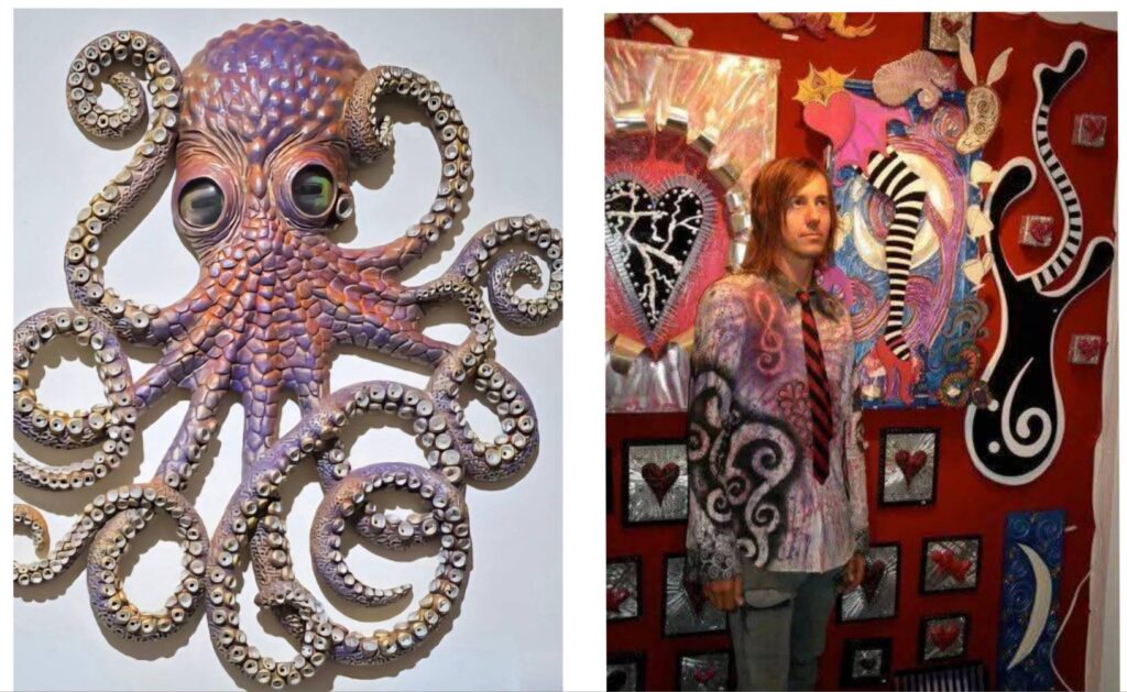 ▲Michael Turner 的展出作品，充滿海洋的意象，他擅長運用複合媒材創作，呈現風格鮮明的構圖，讓作品令人印象深刻。（記者 詹佳綺/攝）