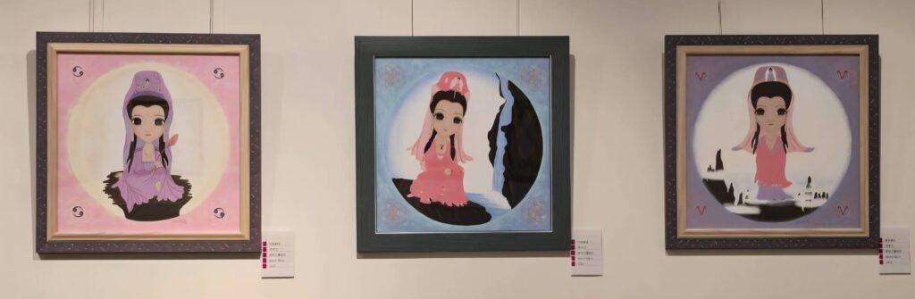 ▲曾家卉老師Sophia以觀音畫像的Q版為訴求，帶給觀者新的視野，也開創了佛像畫新型態的格局。（記者 詹佳綺/攝）