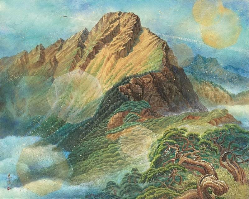 洪春成膠彩作品--護國神山，有氣象萬千之勢。（圖/文化局提供）
