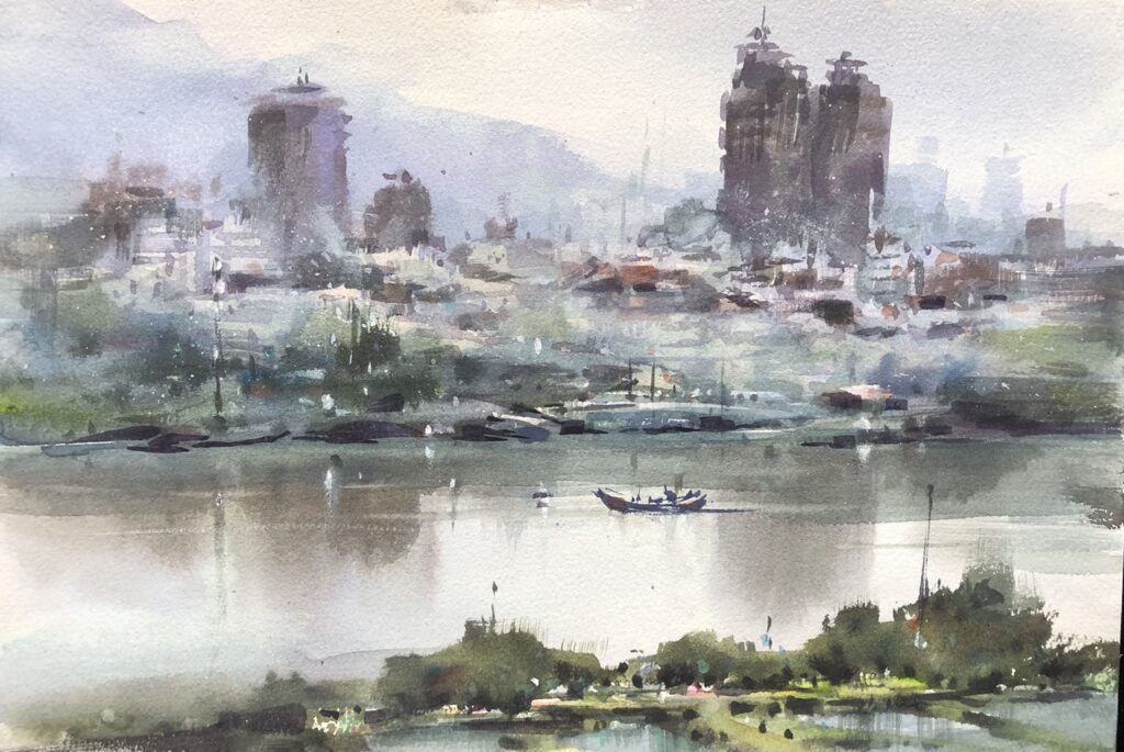▲蘇益家的水彩畫作品,呈現天人合一般的踏實心境,讓視野在畫境上無限延伸。(圖/蘇益家 提供)