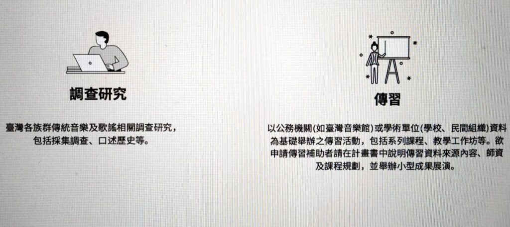 補助類型分為 「調查研究」 與 「傳習展演」 兩大方向。（圖/文化部提供）