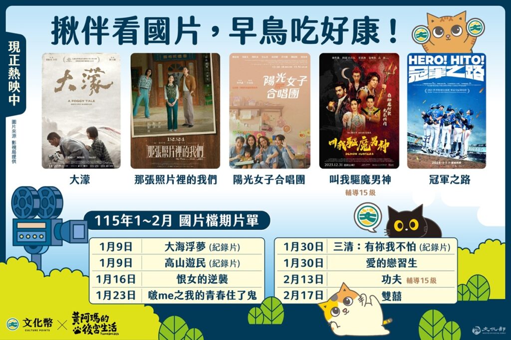 文化部鼓勵青少年使用文化幣揪伴看國片，看早場國片350點可獲得200點回饋。（圖/文化部提供）