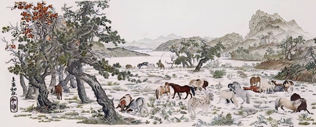 ▲纖博館金馬迎春特展展出饒如珍以郎世寧局部畫稿完成的打籽創作「白馬圖」。（圖/大墩文化中心 提供）