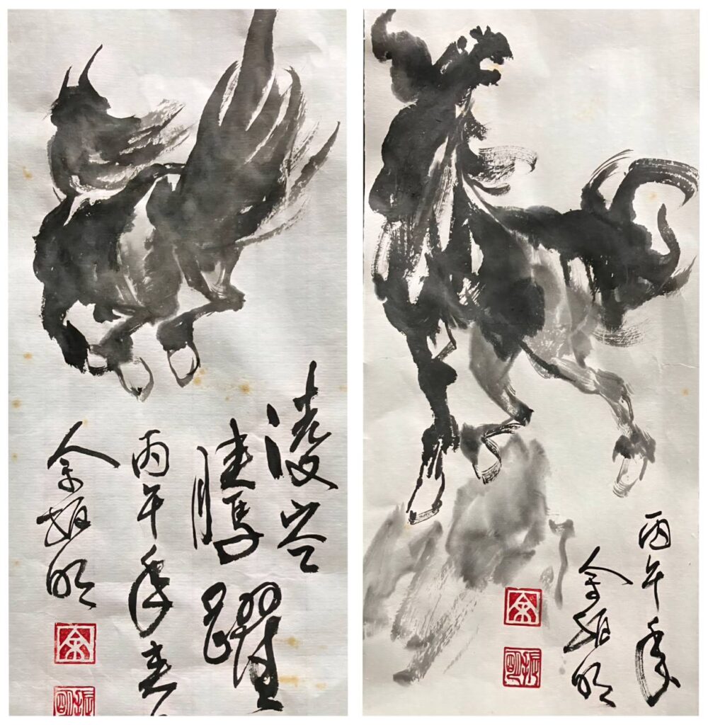 ▲水墨畫家余振明老師的馬畫作品，簡單的線條將馬的凌空騰躍的氣勢，藉由突出的姿態而讓人印象深刻。（圖/余振明 提供）