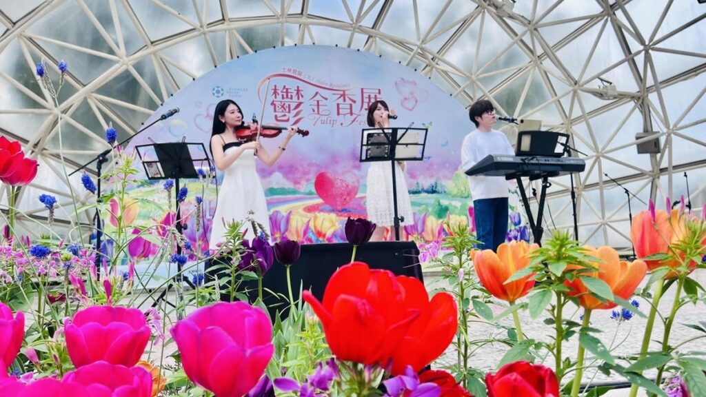 2026士林官邸鬱金香展準備了多項藝文表演節目，圖為艾妮創意音樂三重奏演出。（圖/公園處提供）