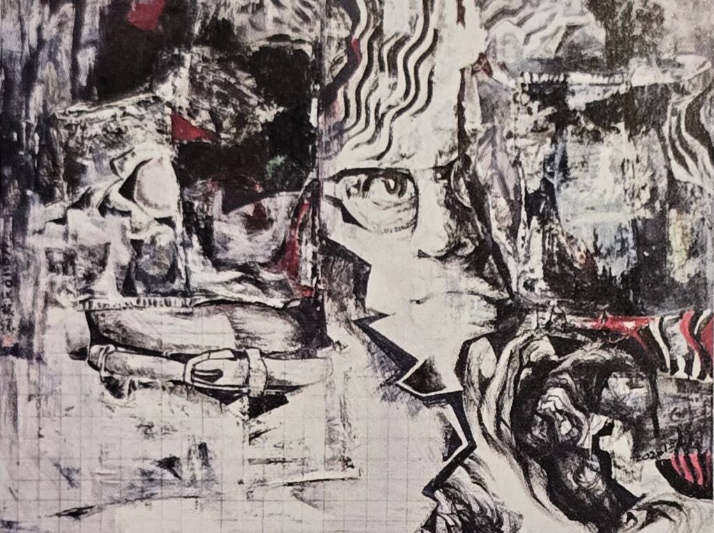 ▲洪根深作品「自畫像-凝視」,此作品藉由多媒材的技巧,不經意的線狀及塊面分佈,凝視世態的堅毅神情,洪根深從他的心靈境況來透視社會現狀的人性底蘊,是極具張力的作品。(記者 辛澎祥/攝)