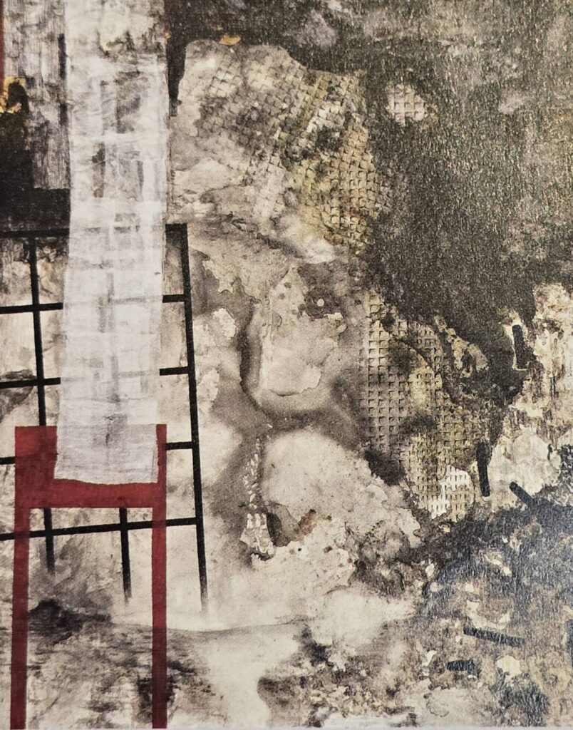 ▲洪根深作品「人間風景」,以創發出一種「」符號,因光線錯覺有凹凸的空間效果,作品中筆觸造型隨意為之,以符號冠上而有土崩塌陷,建物廢頹之妙,整體寄寓國土境安,人間福報,成為畫中重中之重。(記者 辛澎祥/攝)