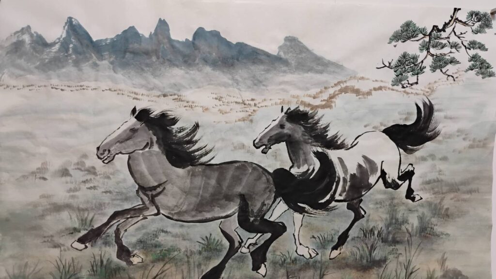 ▲曾心瑩的水墨畫作品「奔馳」。（記者 詹佳綺/攝）