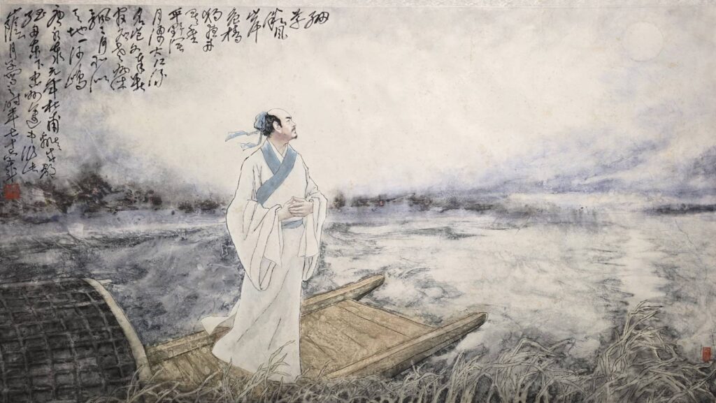 ▲何子老師此次展出的經典作品「危檣獨夜舟-杜甫詩意圖」，是何子老師品讀杜甫詩作後，感悟當下心境所呈現的共鳴之作。（記者 詹佳綺/攝）