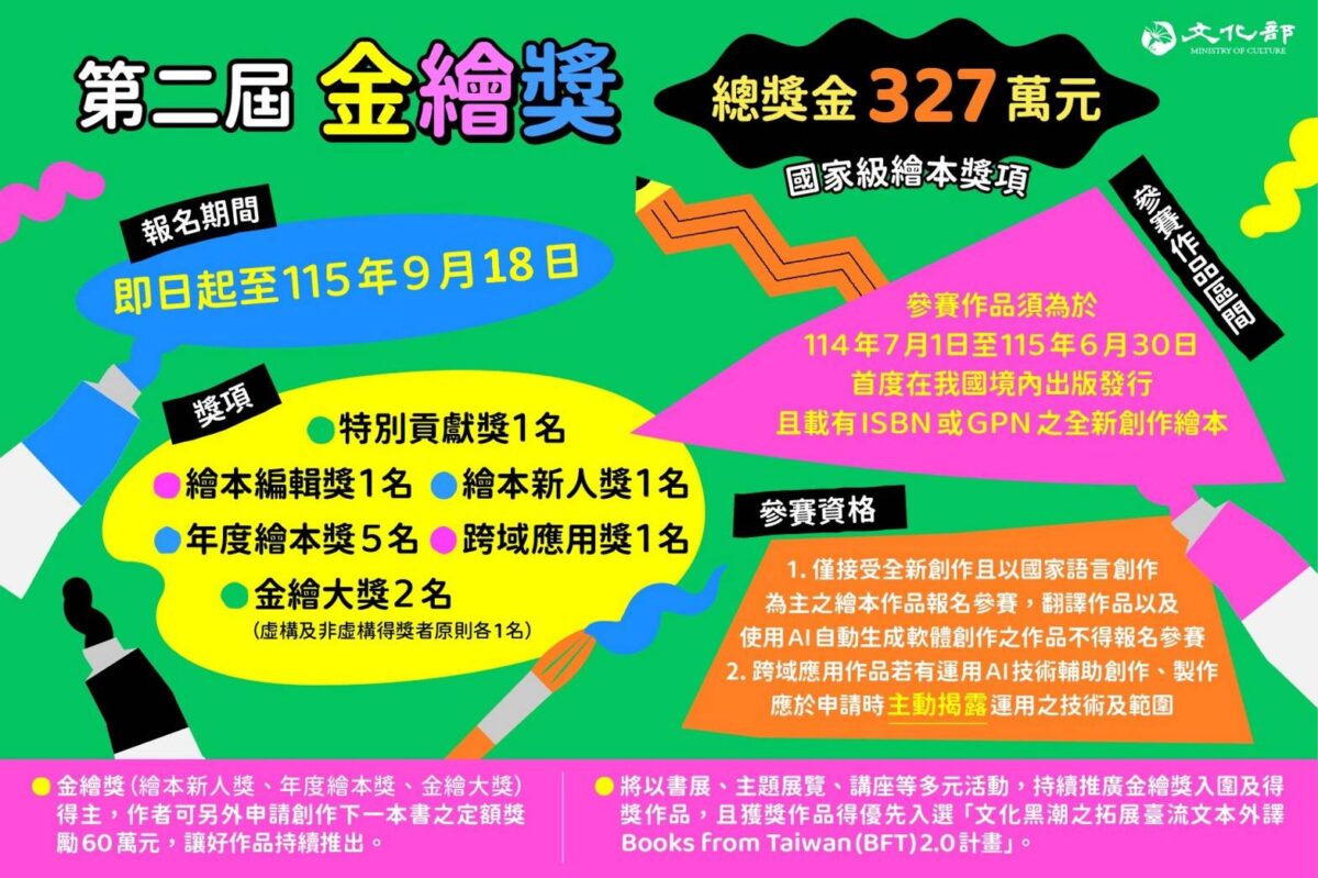 總獎金327萬元  第2屆國家級繪本獎金繪獎  即日起受理報名